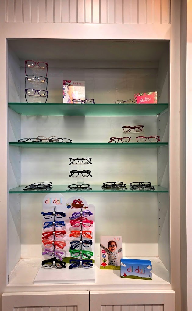 Kids' eyewear display featuring Lilly Pulitzer and dilli dalli frames at Harvey Eye Brownsboro Road